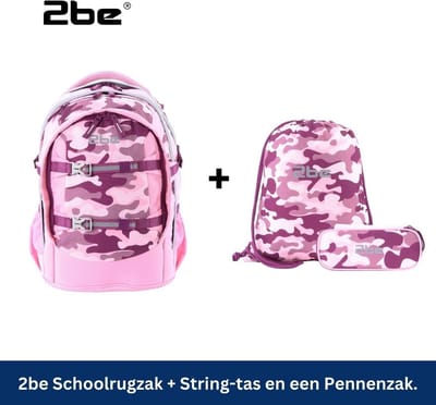 2be Ergonomisch Schoolrugzakset met gymtas en pennenzak - Roze Bourgondië - Roze-bordeaux