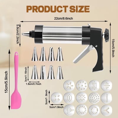 Dailygoods- Koekjespers Professionele Roestvrij Stalen Kwaliteit - Koekjespers Set - Spuitgebak - Taartdecoratie - Creatieve Dessertdecoratie - 13 Sjablonen/8 Spuitmonden - Bakvorm
