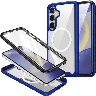 Hoesje met Ingebouwde Screenprotector Geschikt voor Samsung Galaxy S25 Plus | Compatibel met MagSafe en Qi2 | Full Protect Valbescherming | Schokbestendige Beschermhoes | Doorzichtig / Blauw