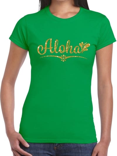 Hawaii verkleedkleding T-shirt - Aloha - groen - voor dames - met gouden letters S