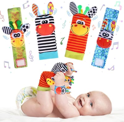 Set van 4 - Baby polsbandjes sokkenset - Cartoon dieren rammelsokken - Baby polsbandjes - Babysokken - Babycadeaus, verjaardagscadeaus, kerstcadeaus - Geschikt voor baby's van 3-6 maanden