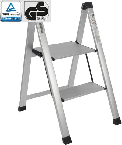 TRUTZHOLM Aluminium Trapladder 2 Treden Zilver - TÜV/GS 150kg Huishoudtrap - Heavy Duty Trapje Antisliptreden Keukentrap