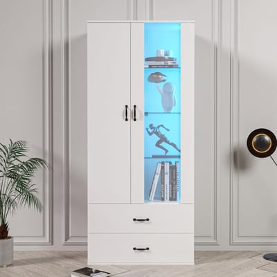 Sweiko Vitrinekast - 16 Kleuren LED Verlichting - 2 Deuren 2 Laden - Boekenkast - Wit
