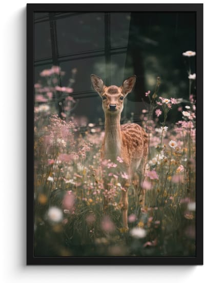 Poster in lijst - Fotolijst 40x60 cm - Posters - Hert - Wilde bloemen - Bos - Posterlijst zwart - Decoratie - Wanddecoratie woonkamer - Muurdecoratie slaapkamer