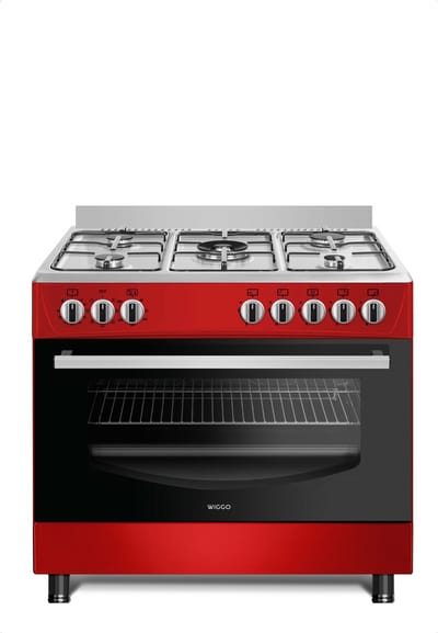 Wiggo WO-E903B(RX) - Gasfornuis - 5 Kookzones - 5 Ovenstanden - Wokbrander - Timer - 5 Jaar Garantie - Rood Rvs