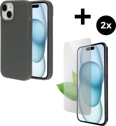 Mobiparts Silicone Cover hoesje geschikt voor Apple iPhone 15 met 2 Screenprotectors van Gerecycled Gehard Glas - Grijs