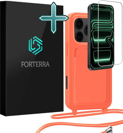 Hoesje Geschikt voor iPhone 17 Pro Max Pashouder Case Siliconen Hoes Met Koord Met Screenprotector - Hoes Geschikt voor iPhone 17 Pro Max Met Telefoonkoord Hoesje Back Cover Met Pasjeshouder - Papaya