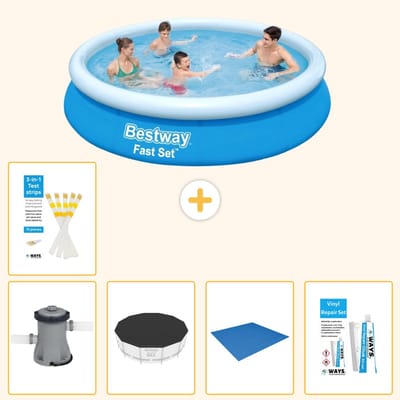 Bestway Rond Opblaasbaar Fast Set Zwembad - 366 x 76 cm - Blauw - Inclusief Pomp - Afdekzeil - Grondzeil - Reparatiesetje - Testrips - 6-delig