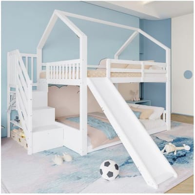 Stapelbed - MUVOE - Stapelbed met opbergladder en glijbaan - 140x200 cm - Grenen en MDF - Wit wit