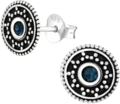 Aramat Jewels | Oorbellen | Oorstekers – Sterling Zilver Bali Etnisch Donker Blauw Kristal 9mm Rond Geoxideerd | | | |9mm | Zilver | Kinderen, Volwassenen | Verkleurd niet