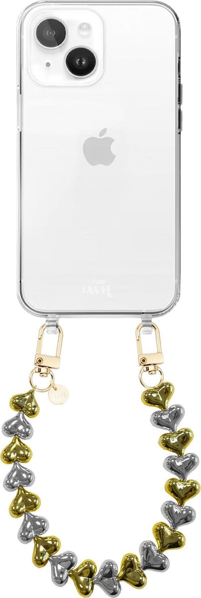 xoxo Wildhearts siliconen hoesje geschikt voor iPhone 15 Plus hoesje - Funky Hearts - Telefoonhoesje - Hoesje met koord - Goud / Zilver koord - kort telefoonkoord - Hartjes ketting - Transparant hoesje