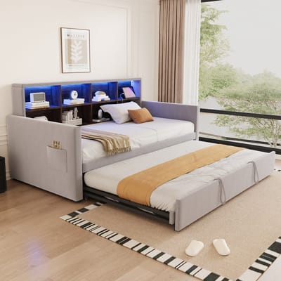 DESMIU Gestoffeerd Bed 90x190 cm – Uitschuifbaar Slaapbankbed met LED en Oplaadpunten – Hoofdbord-Opbergruimte – Voor Logees en Dagelijks Gebruik – Fluweel – Lichtgrijs – Zonder Matras