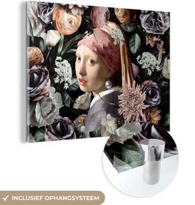 MuchoWow® Glasschilderij 40x30 cm - Schilderij acrylglas - Meisje met de parel - Bloemen - Vermeer - Pastel - Kunstwerk - Schilderij - Oude meesters - Foto op glas - Schilderijen