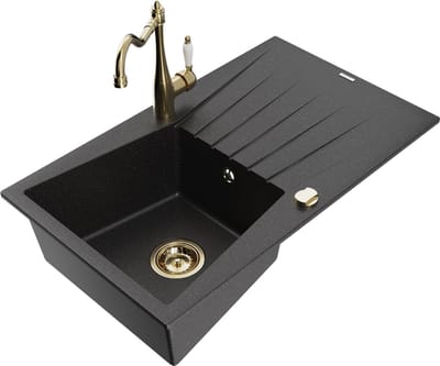 Mexen Cesar granieten spoelbak 1-komp met afdruiprek en keukenkraan Carla, zwart/zilveren metallic - 6514-73-670700-50