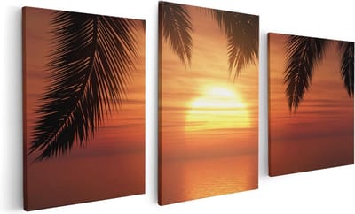 Artaza Canvas Schilderij Drieluik Zonsondergang Op Het Strand Met Palmbomen - 120x60 - Foto Op Canvas - Canvas Print