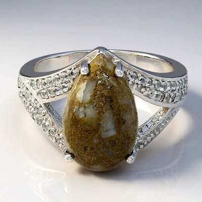 Cavill - Zilveren Ring - 925 Sterling Zilver - 4,37 ct Peervormige Dinosaurus Kwarts - 47 Witte Topazen 0,289 ct - Deluxe Damesring Maat 17
