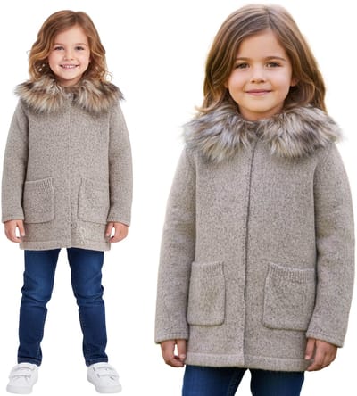 Meisjesachtige, bruine CARDIGAN met afneembaar bontje, WARME trui met zakken voor meisjes