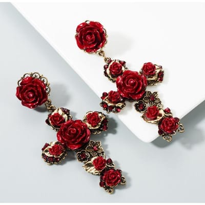 Barokke Vintage Gouden Kleur Kruis Oorbellen voor Vrouwen Meisjes Emaille Rozen Bloemen Oorbellen Brincos Statement Sieraden 2022 brown