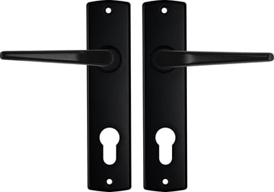 AXA Binnendeurbeslag set (Curve) Zwart: Kruk (model Duim) op schild met cilindergat PC72