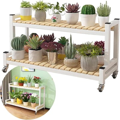 Plantenrek Metaal - Bloemenstandaard Opbergrek - Planten Presenteren - Met Wielen - Tot 120cm Breed - Wit