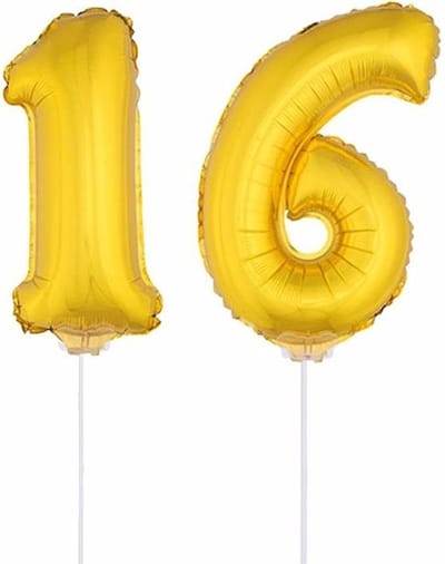 16 jaar leeftijd feestartikelen - versiering cijfers - ballonnen op stokje - van 41 cm - Combi van cijfer 16 - in het goud