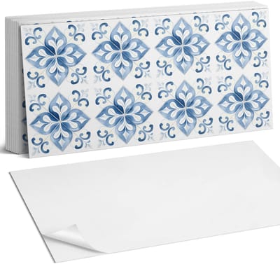 Coloray Plaktegels - Bloemenpatroon op tegels Zelfklevende Wandtegels - 40 cm x 20 cm - Blauw Plaktegels - 10 stuks - Rechthoek PVC Tegels - Plaktegels Badkamer - Vloertegels Zelfklevend - Vinyltegels Vloer Zelfklevend - Portugese Tegels