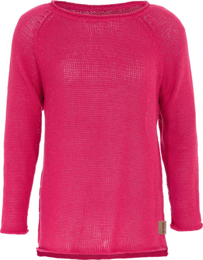 Knit Factory Jasmin Gebreide Dames Trui - Trui dames - Pullover voor de lente en zomer - Zomer trui dames - Damestrui - Duurzaam & milieuvriendelijk - Boothals - Lange mouw - Fuchsia - 36/38 - 80% Gerecycled katoen