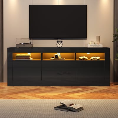 Pugsdrly 160*35*60 cm hoogglans tv-kast met ledverlichting, 3 open vakken, 2 deuren, 2 lades, smart app-bediening, voor 70 inch tv's, hoogglans tv-standaard