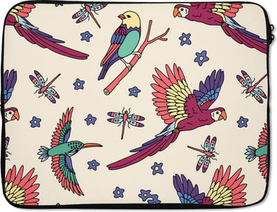 Laptophoes 17 inch - Patronen - Vintage - Vogels - Laptop sleeve - Binnenmaat 41x28 cm - Zwarte achterkant - Back to school spullen - Schoolspullen jongens en meisjes middelbare school - Macbook air hoes - Chromebook sleeve