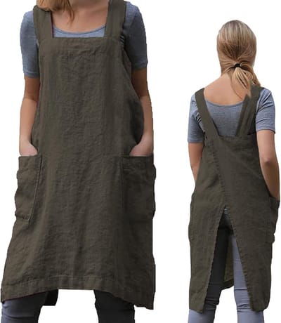 Schort met gekruiste rug voor vrouwen met zakken Japanse schort voor werk Tuinieren Koken Schilderen Bakken - Lengte: 37,5 inch / Borst: 37 inch - Legergroen