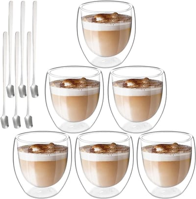 Set van 6 Dubbelwandige Latte Macchiato Glazen van 250 ml met Lepels - Ideaal voor Cappuccino, Iced Coffee en Espresso