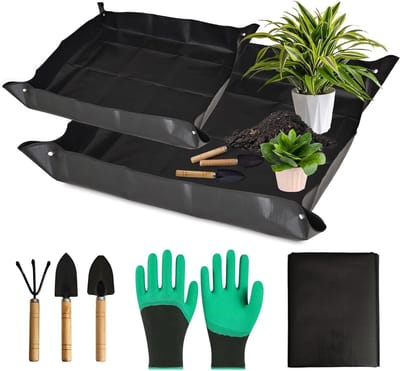 Allecta - Tuinmat set van 2 - waterdichte plantenompotmat - opvouwbaar - tuingereedschap - tuinbouwplanten - verplanten - snoeien - verpotten - zwart - 100 x 100 cm - 66 x 66 cm