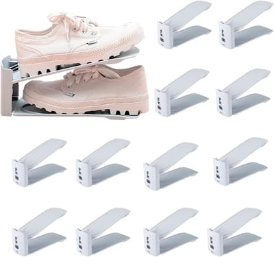 Famanu - Schoenorganizer Ruimtebesparend, antislip schoenenkast, schoenenrek 3 in hoogte verstelbaar, compatibel met alle soorten schoenen, schoenenstapelaar verstelbaar. (Pak 12 grijs)