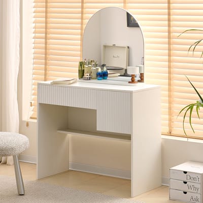 Pugsdrly Kaptafel met spiegel – moderne kaptafel met lades en open planken, wit, H135/B90/D40 cm