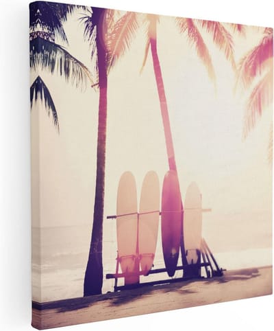 Artaza Canvas Schilderij Strand - 80x80 cm - Wanddecoratie Zee - Muurdecoratie Surfplanken - Schilderijen Op Canvas Palmbomen