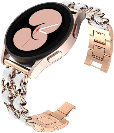 Stravo 20mm Leren Horlogebandje – Leer Bandje met Metalen Schakels – Geschikt voor Samsung Galaxy Watch 7 (40/44mm) / 6 (Classic) / 5 (Pro) / 4 (Classic) / FE – Voor Garmin Vivoactive 5 / Venu Sq 2 / Forerunner 245 / Vivomove – Roségoud/Wit