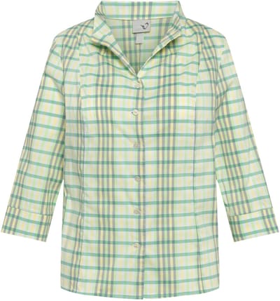 Ulla Popken - Dames - blouse ruiten slim kelkkraag V-hals 3/4-mouwen - Lichtblauw - Maat 46+