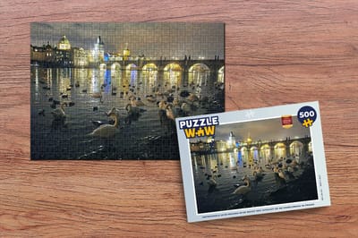 Puzzel Watervogels in de Moldau in de nacht met uitzicht op de Karelsbrug in Praag - Legpuzzel - Puzzel 500 stukjes