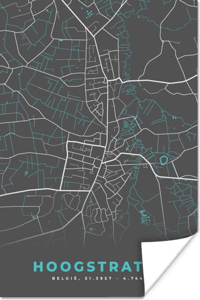 Poster België – Hoogstraten – Stadskaart – Kaart – Blauw – Plattegrond - 120x180 cm XXL