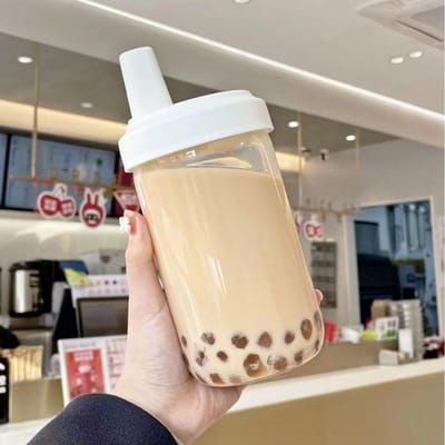 Kawaii Cat Boba Plastic Waterfles met Rietje PU Hoes Leuke Koffie Bubble Tea Melkbekers Draagbare Drinkfles BPA Vrij 850ml wit