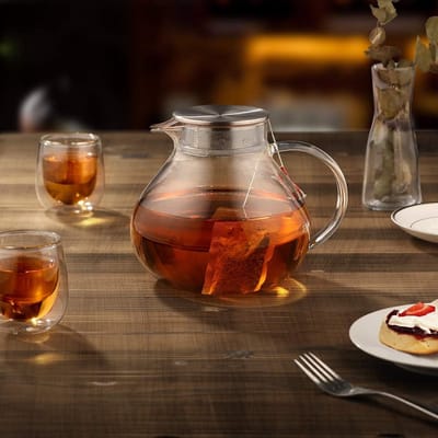 Famanu - Theepot van 1400 ml, glazen theepot met roestvrij staal, 2-in-1 filterdeksel, borosilicaatglas, geschikt voor koude en warme dranken