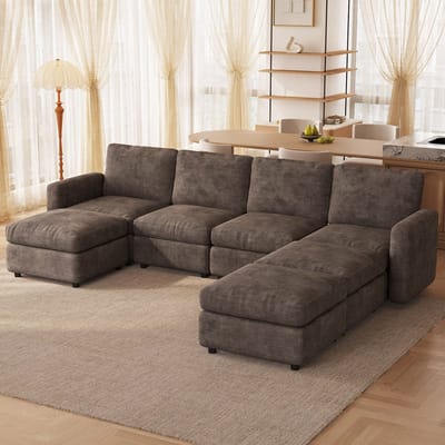 Guyii bank – Modulaire Hoekbank met Opbergruimte – Koffiekleurig Fluweel – Comfortabele 7-Zits bank met Voetensteun – Totale breedte sofa 297 cm