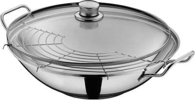 Wok Set - Roerbakpan - Aziatisch Koken - Inclusief Glazen Deksel - 36 cm - Zilver