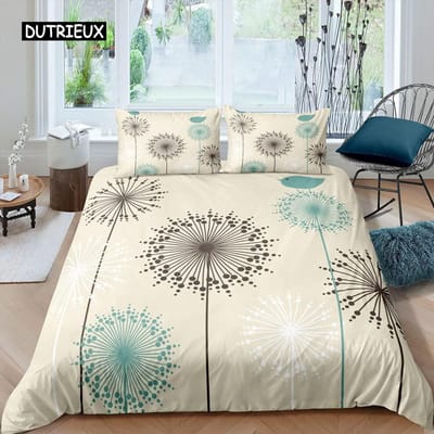 Paardenbloem Dekbedovertrek Set Queen Size voor Kinderen Vliegende Bloem Dekbedovertrek Monochroom Paardenbloemen Bloementhema Twin Dekbedovertrek US King(264x228cm)