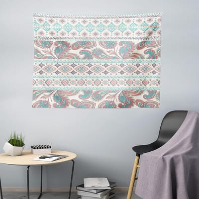 ABAKUHAUS Tribal Tapijt, Floral Paisley en Azteek, Woonkamer Slaapkamer Wanddoek Zijdezacht Satijn Wandtapijt, 200 x 150 cm, Cream Aqua en Koraal