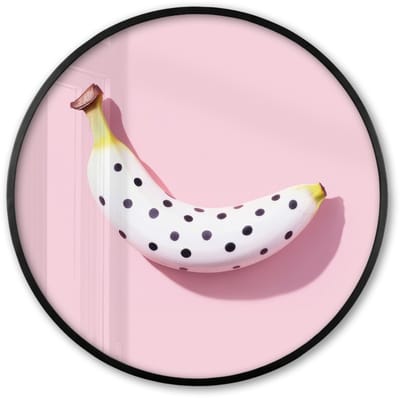 Poster in lijst Rond - Fotolijst 60x60 cm - Posters - Banaan - Stippen - roze - Ronde posterlijst zwart - Decoratie - Wanddecoratie woonkamer - Muurdecoratie slaapkamer