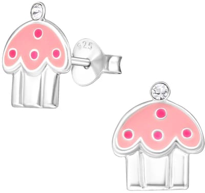Joy|S - Zilveren cupcake oorbellen - 11 x 13 mm - zilver roze - kinderoorbellen