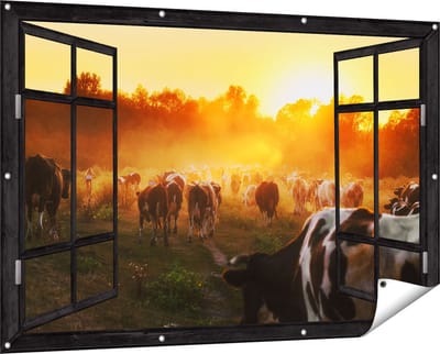 Gards Tuinposter Doorkijk Kudde Koeien in Weiland bij Zonsondergang - 150x100 cm - Tuindoek - Tuindecoratie - Wanddecoratie buiten - Tuinschilderij