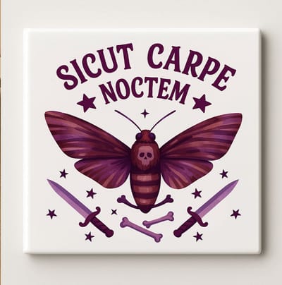 Grappige Latijnse “Sicut Carpe Noctem” Tegel – Gotisch Schedelvlinder Ontwerp – 15x15cm Keramische Muurdecoratie – Uniek Halloween of Alternatief Wooncadeau