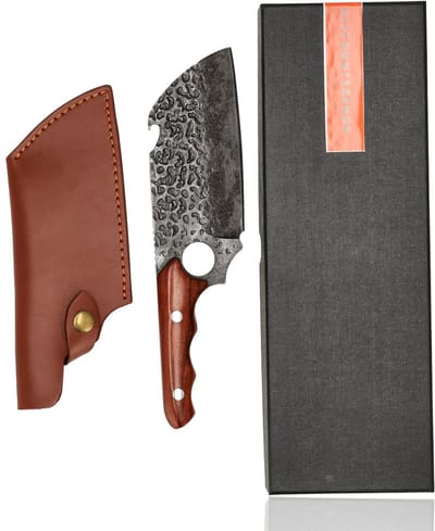 Japans Hakmes met Leren Hoes – Professioneel Koksmes & Vleeshakmes – Handgesmeed Keukenmes met Kloofkracht – Japanse Messen Collectie